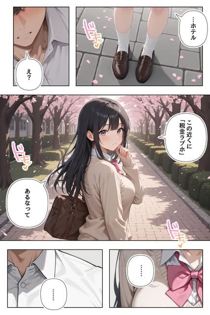 ホテルへ誘う会話のあと、桜並木の通学路で黒髪の女子が立ち止まる場面