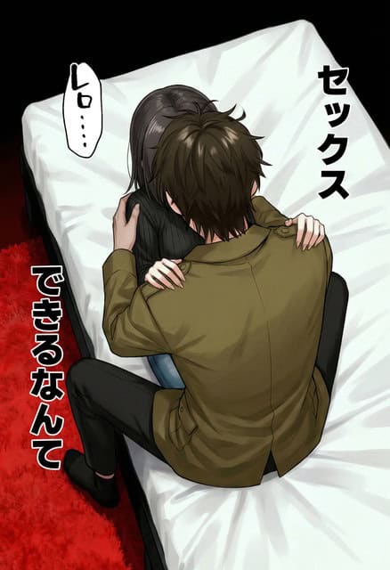 沙耶がベッドの上で高志に抱きつき、両手を肩に回してキスしている