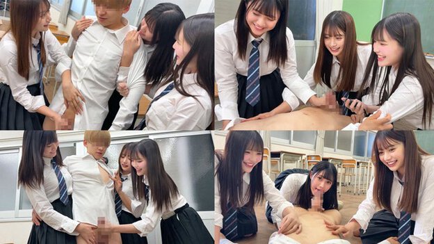 教室で女子3人が男子の近くに集まり、舐める仕草や手で触れるゲーム場面が並ぶ