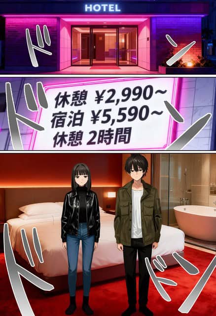 沙耶と高志がホテルの部屋で並び、ベッドと浴室の前で無言のまま立っている